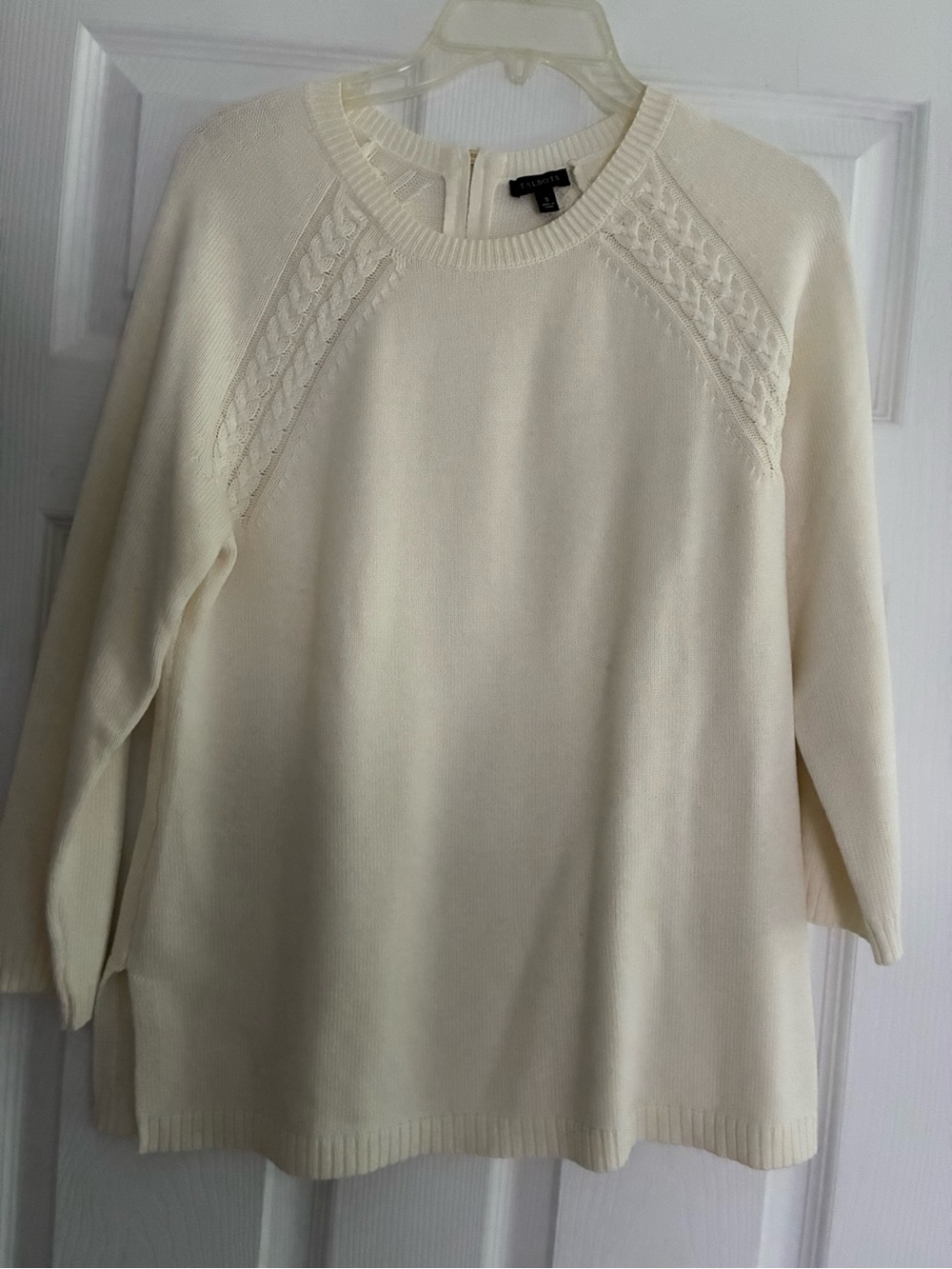 Talbots Cable Knit Raglan Sweater Small Ivory Cream 3/4 Sleeve Back Zip Classic